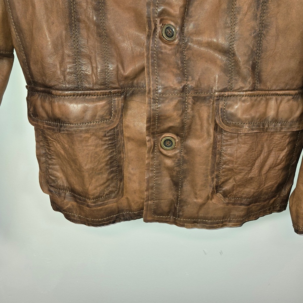 Missani Le Collezioni Mens Brown Distressed Leather Button Front Jacket Size M - Picture 3 of 9